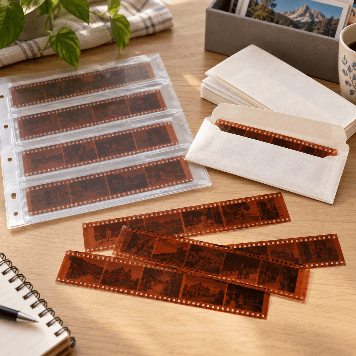 Several strips of 35mm film negatives arranged neatly on a wooden table, showing a common format families send in for scanning.