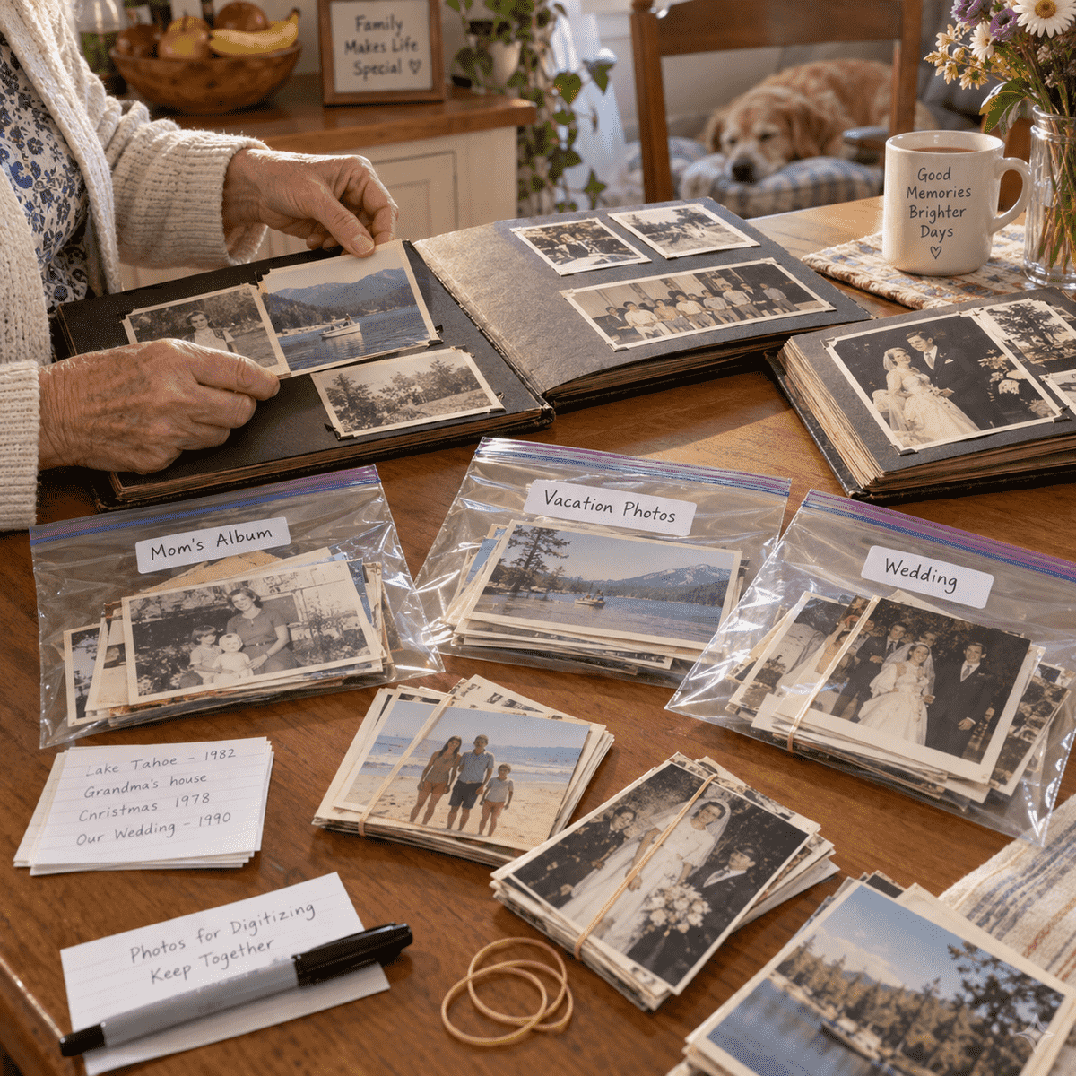 Family photos removed from old albums and organized into labeled groups for scanning