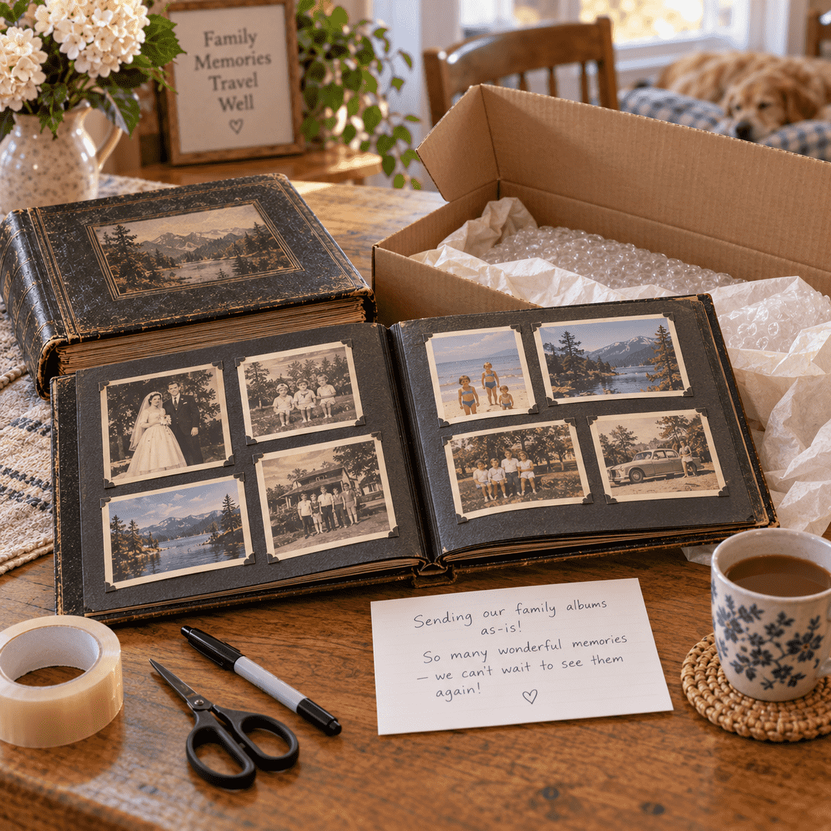 Old family photo albums kept intact and ready to be sent for scanning