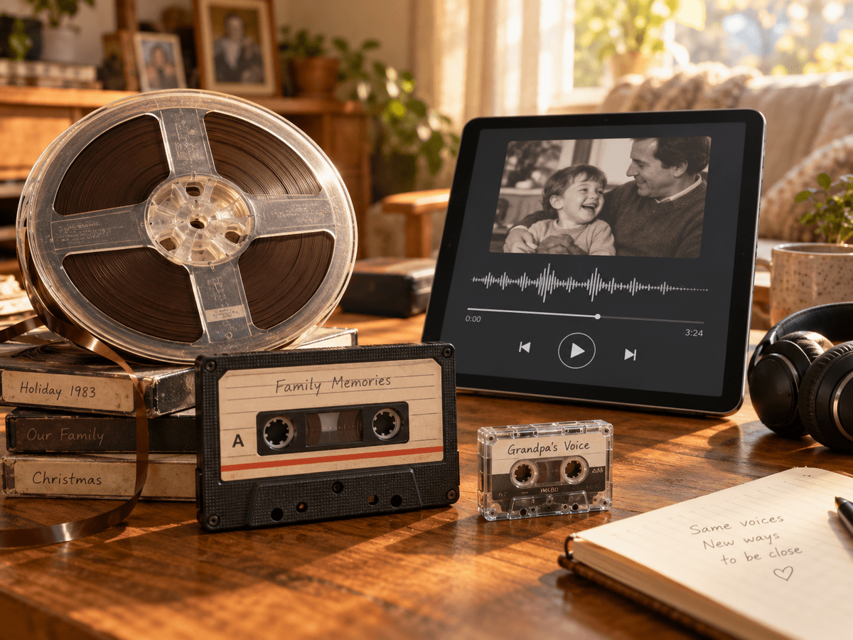 Reel-to-reel tape and cassette recordings converted to digital audio on a tablet