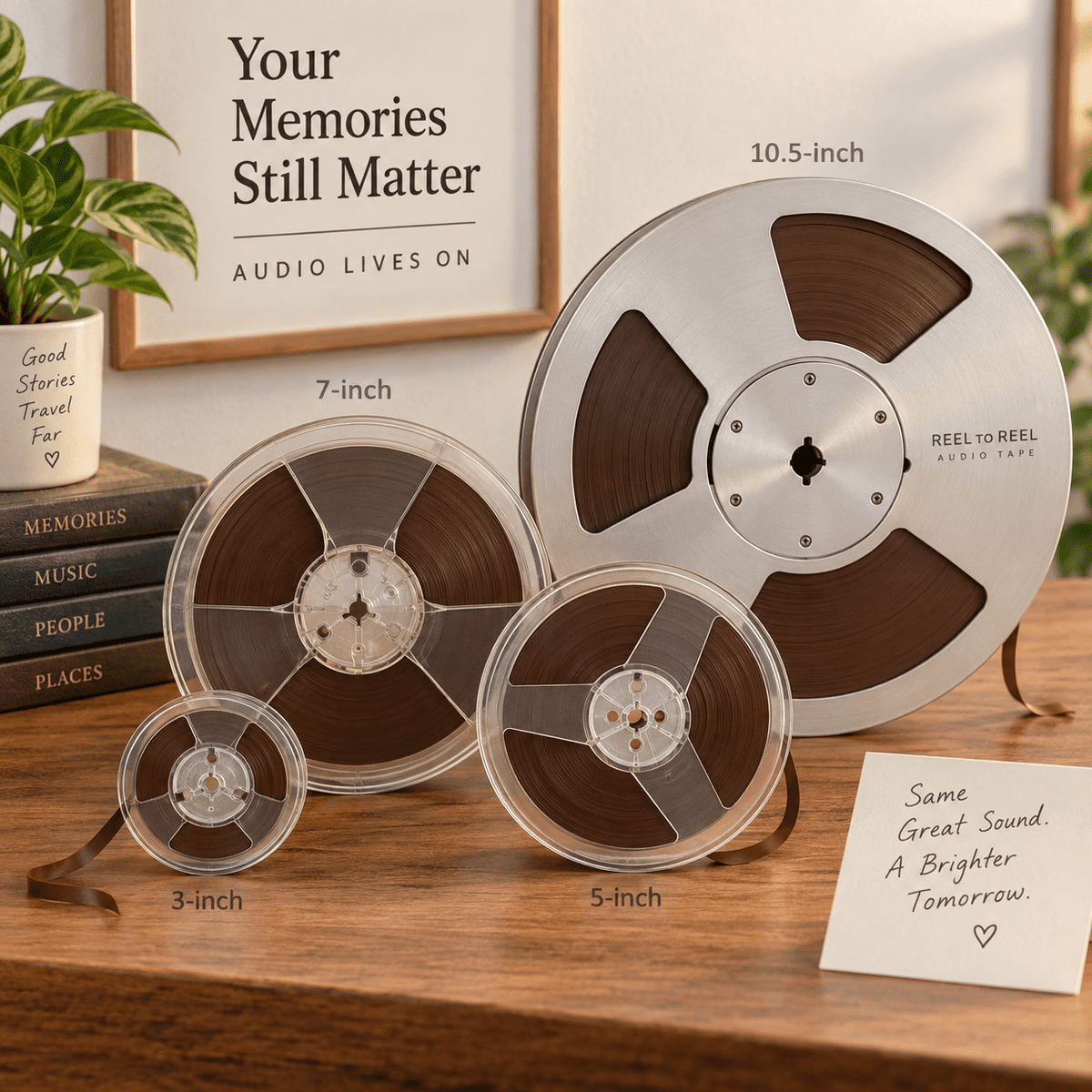 Several reel-to-reel audio tapes with visible brown magnetic tape in different reel sizes, showing common open-reel audio formats that can be digitized by Memory Fortress