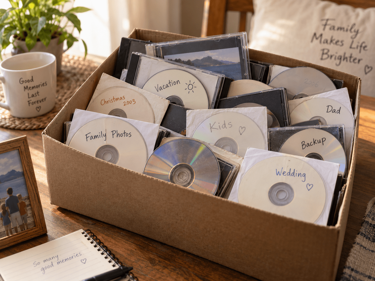 Box of old family CDs and DVDs with handwritten labels and unknown contents
