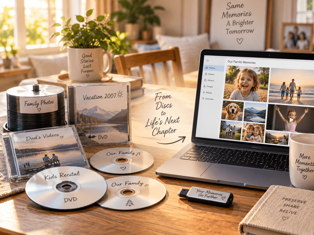 Old CDs and DVDs converted to modern digital family photos, videos and files on a laptop