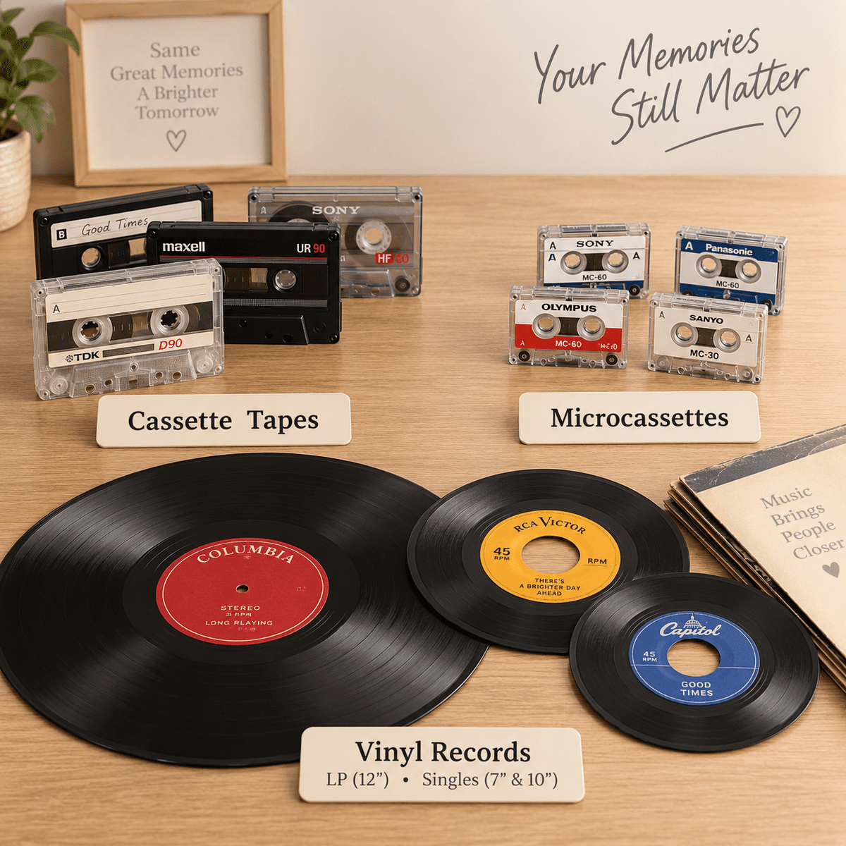Collection of audio cassettes, microcassettes and vinyl records arranged on a table, showing common analog audio formats that can be digitized by Memory Fortress