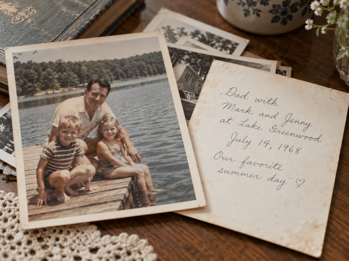 Vintage family photograph with handwritten names and date on the back