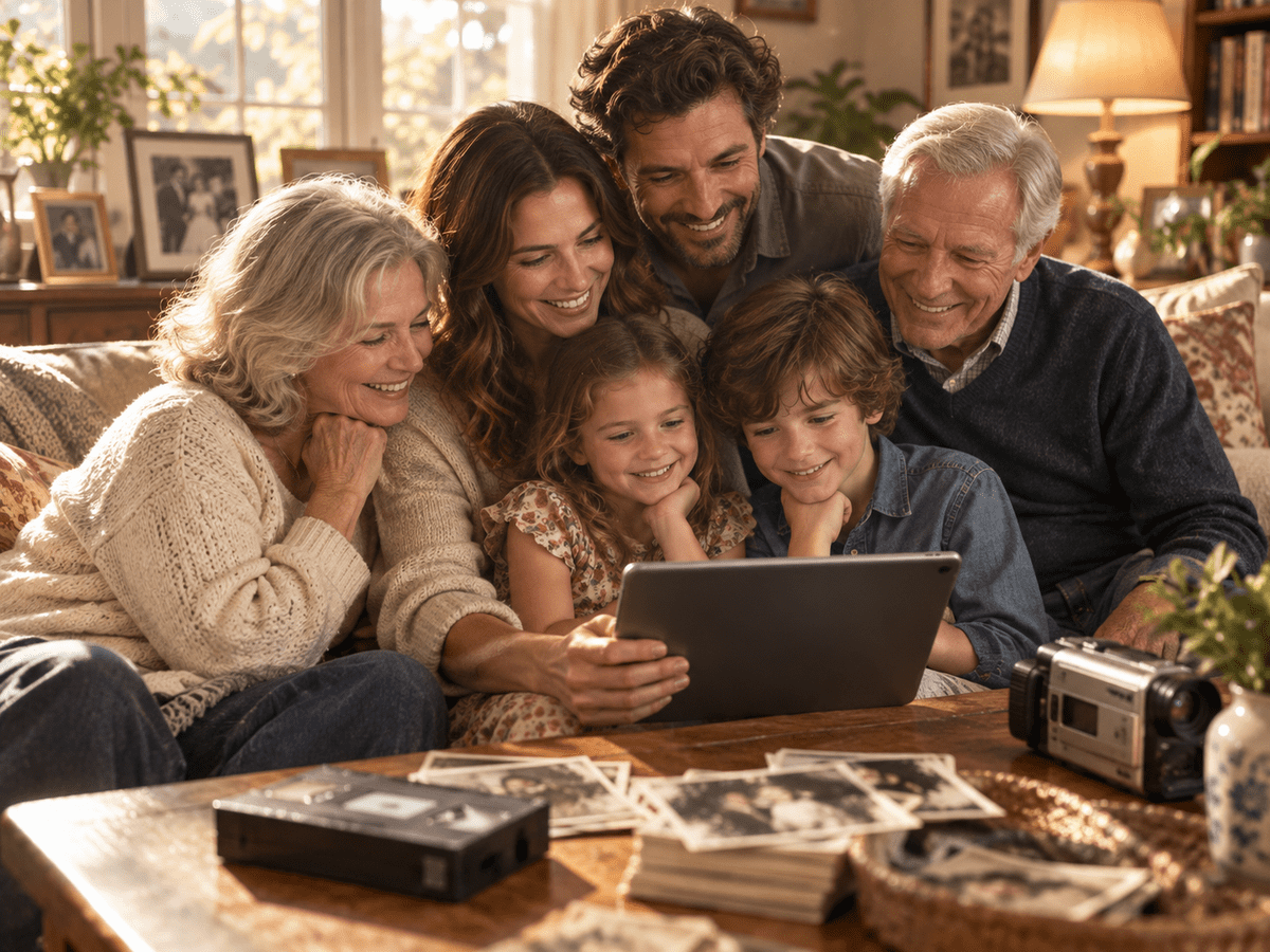 Multi-generation family watching digitized home movies together on a tablet