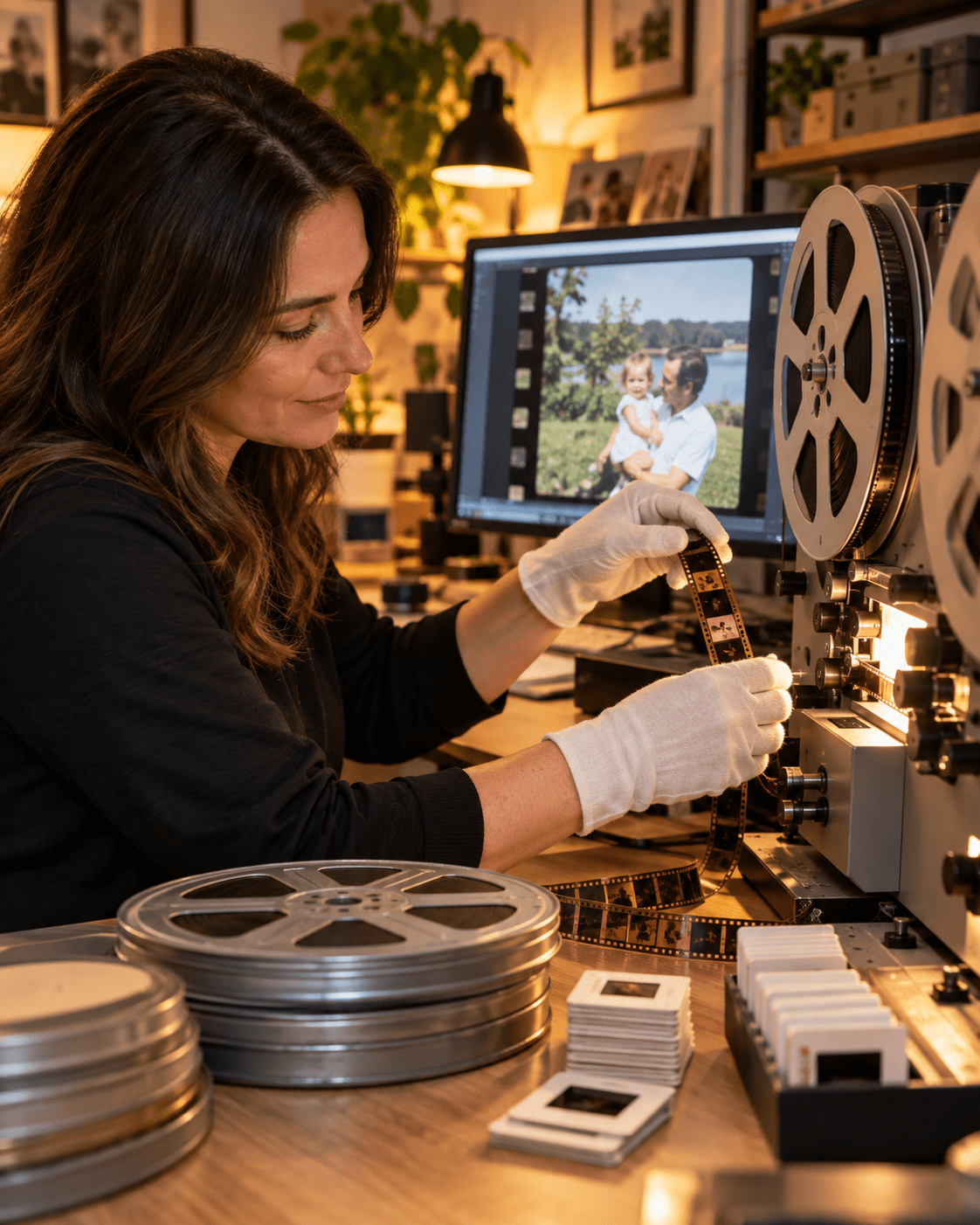 Memory Fortress team member digitizing movie film with reels, slides and media in an Atlanta workspace