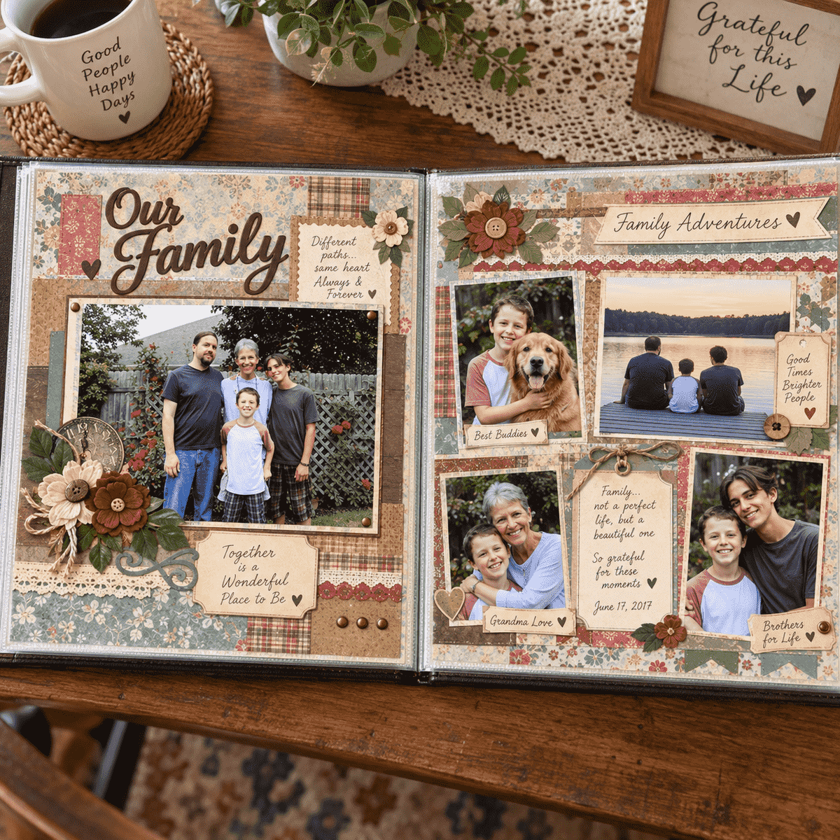 Colorful 12x12 family scrapbook with photos, decorative paper, captions and keepsake-style page layouts.