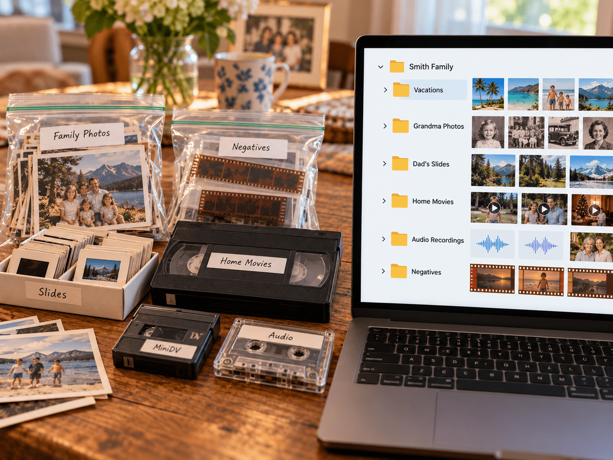 Mixed family media collection organized into labeled groups with photos, slides, negatives, videotapes and audio, alongside a laptop showing matching digital folders