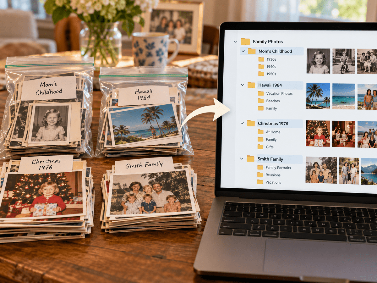 Loose family photos organized into labeled groups and matching digital folders