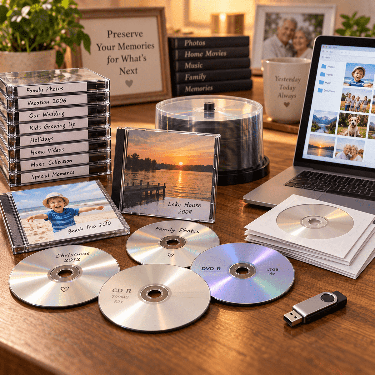 Old CDs and DVDs beside a laptop and USB drive, showing family photos, videos and files converted to modern digital storage