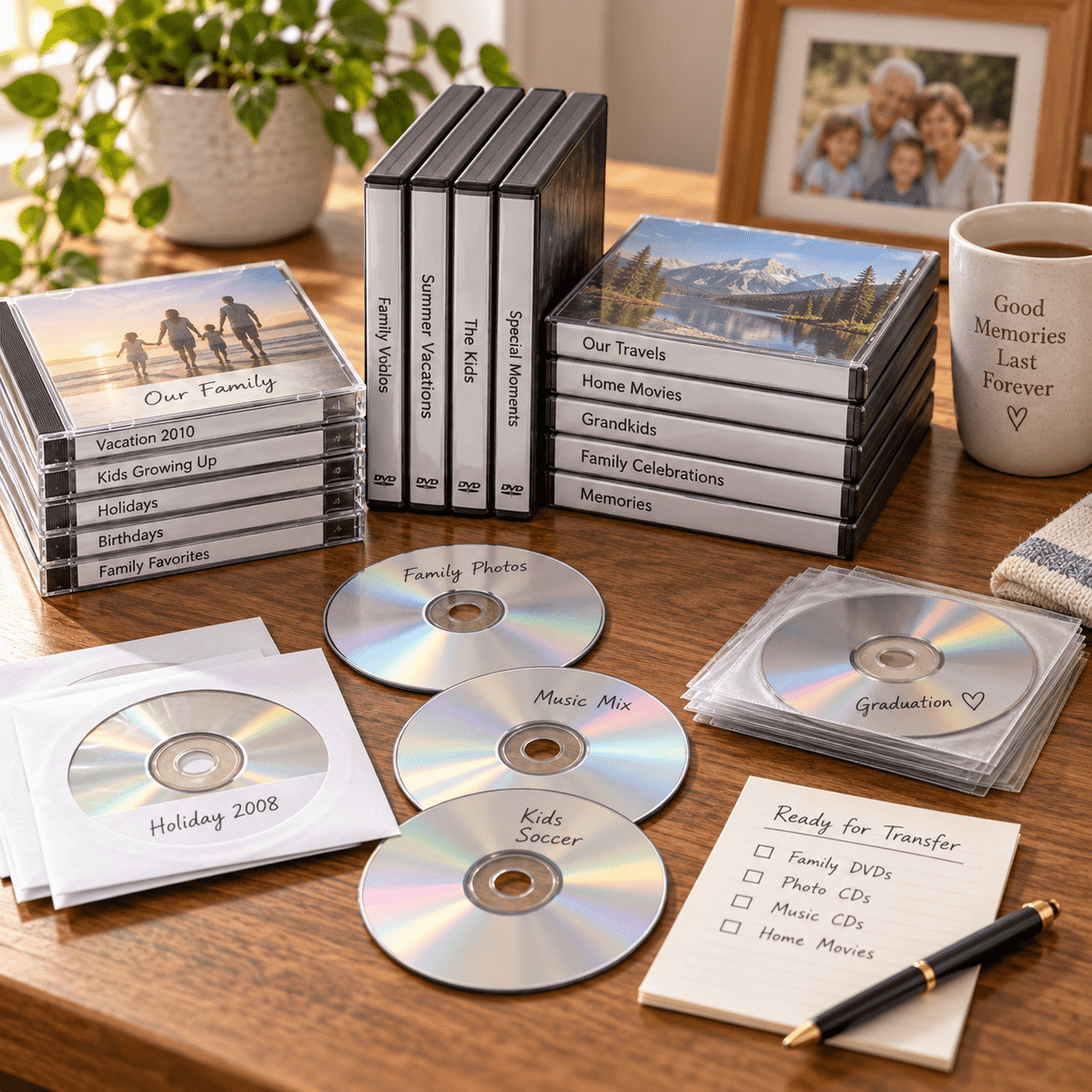 Family CDs and DVDs organized in cases, sleeves and labeled groups for digital transfer and preservation