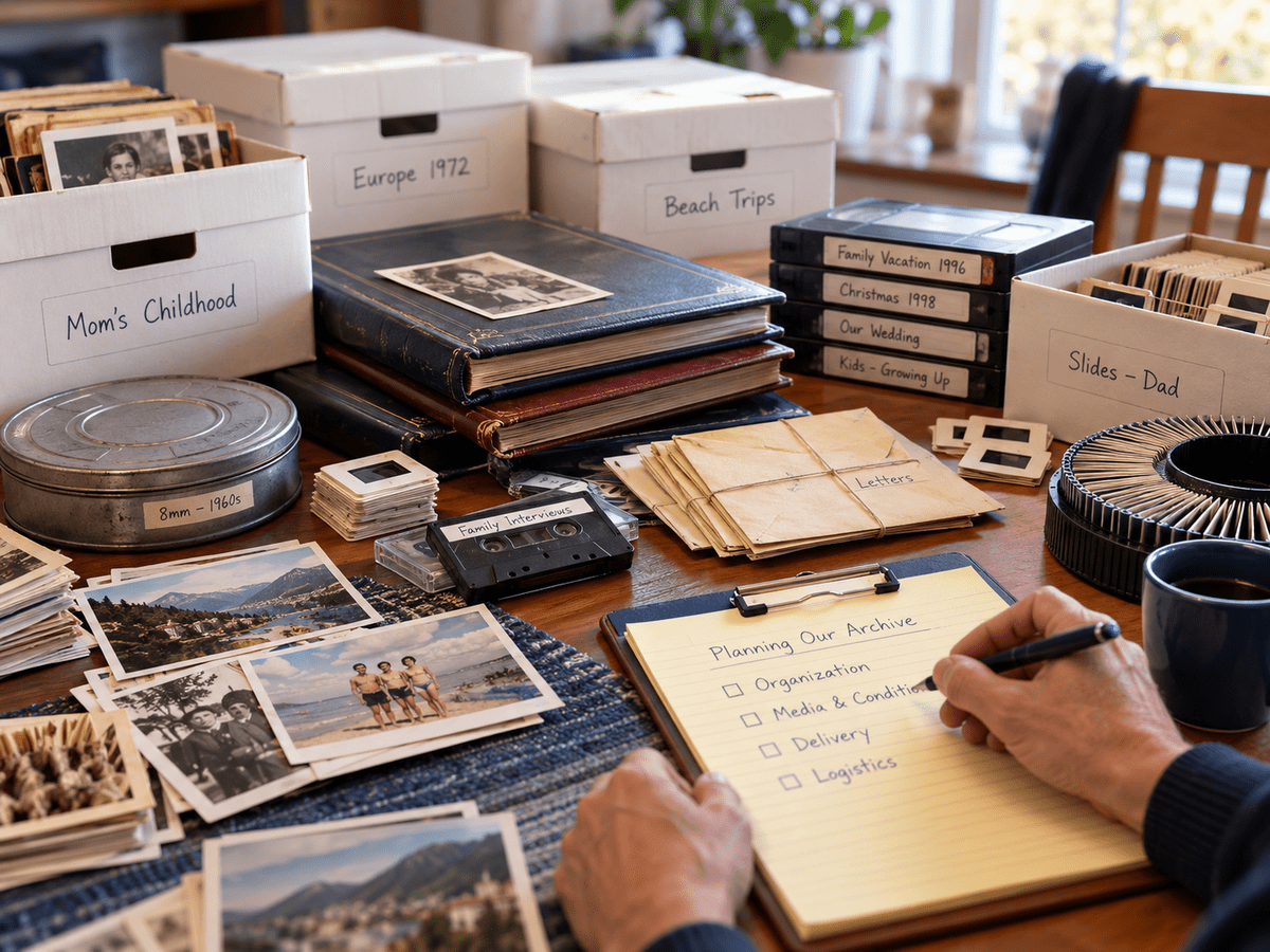Planning a large family digitizing project with boxes of photos, albums, slides, videotapes and labeled media being reviewed before scanning begins