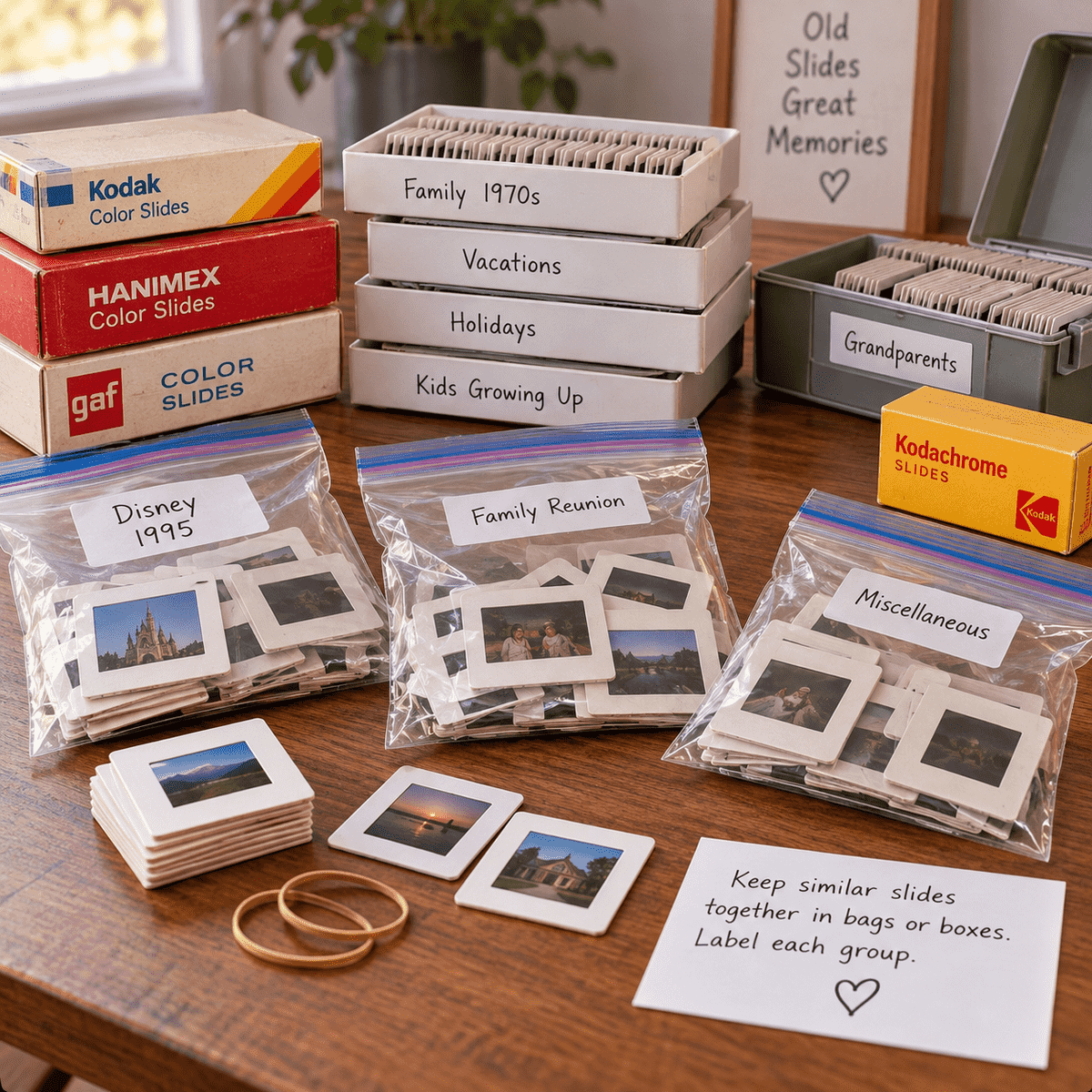 Organized 35mm slides in trays, boxes and loose groups showing common ways customers prepare slides for scanning and digitizing