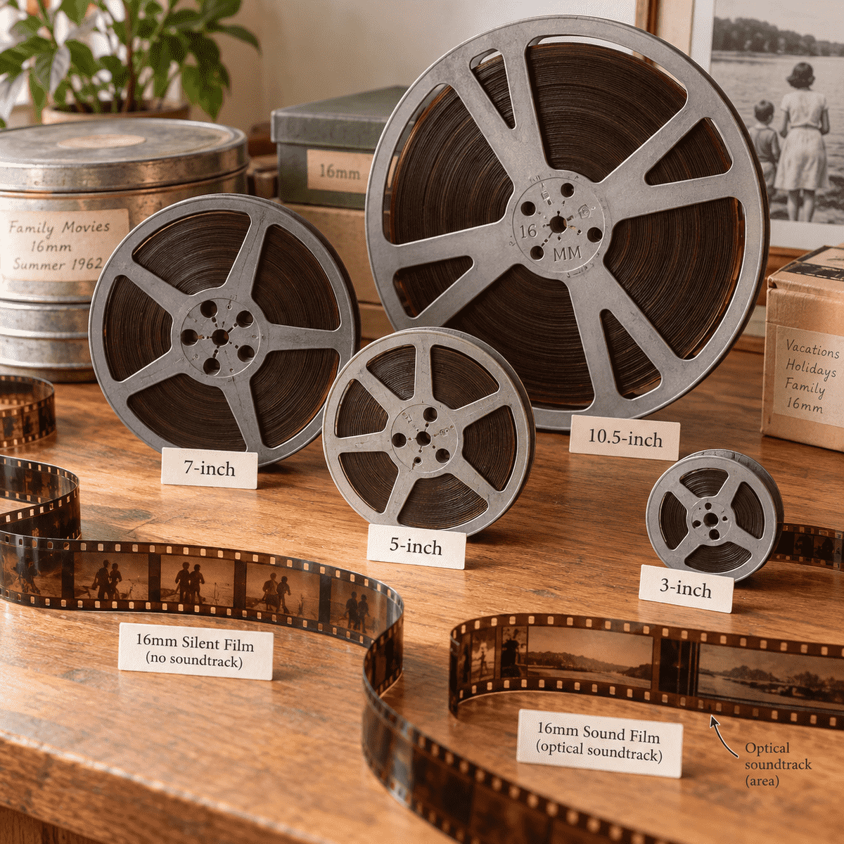 16mm movie film on several reel sizes, showing both silent film and film with a soundtrack