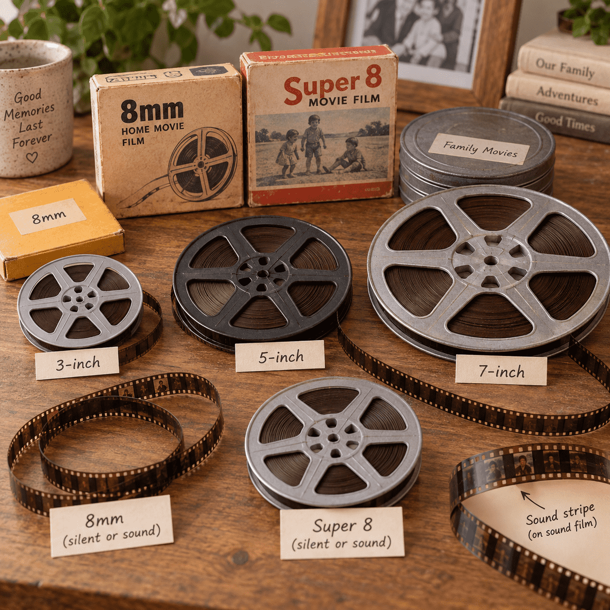8mm and Super 8 home movie film on 3-inch, 5-inch and 7-inch reels, including film with and without sound