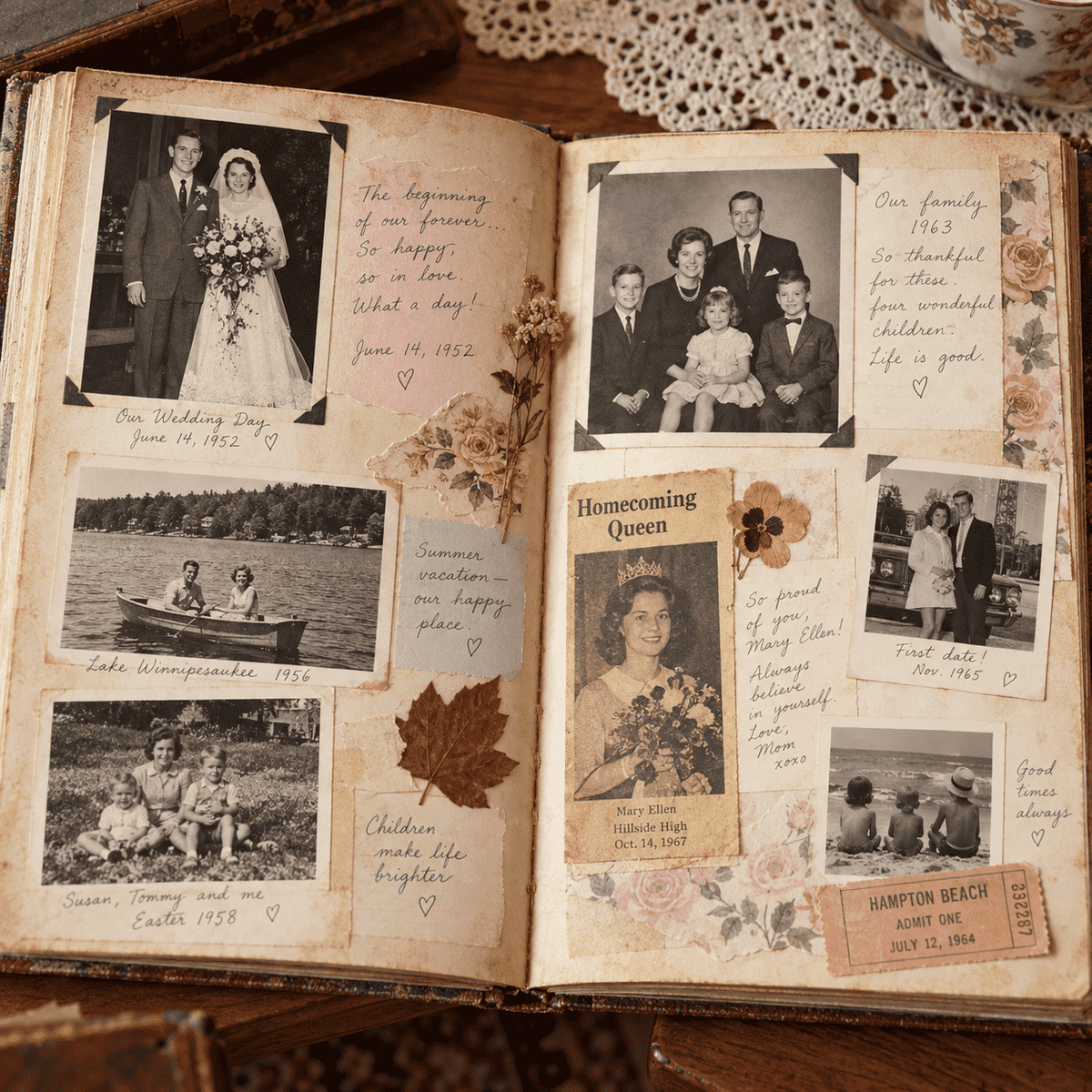 Older family scrapbook featuring printed photographs, handwritten notes and memory captions arranged across scrapbook pages.