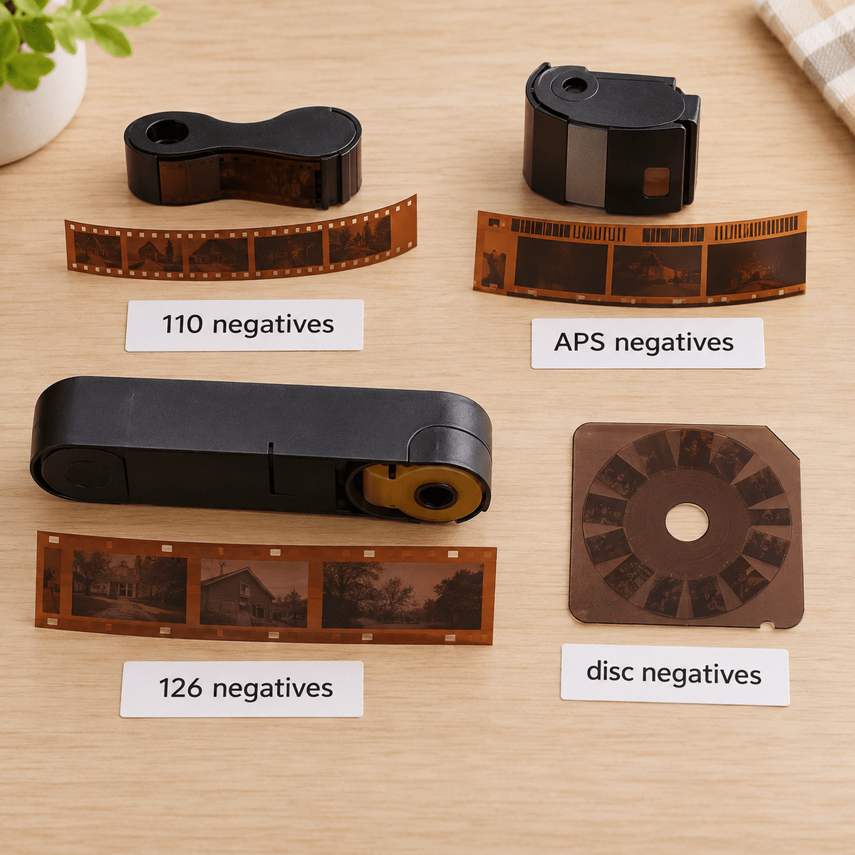 A labeled flat-lay guide showing several different negative and film formats side by side, helping customers identify what type of film they have at home.