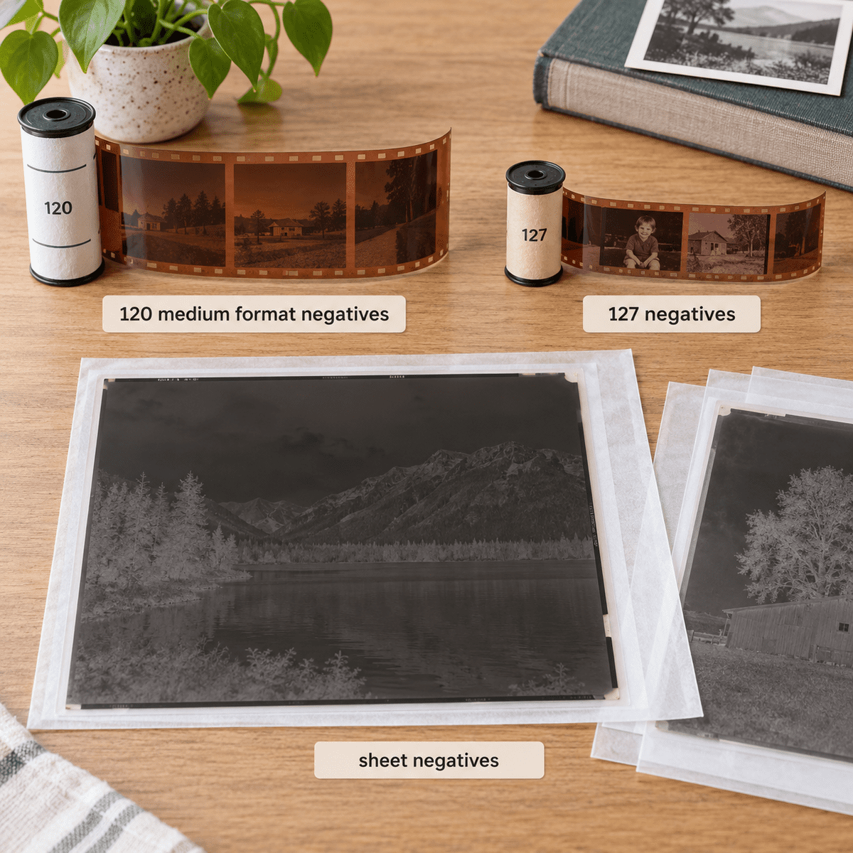 Another view of several uncommon negative and film formats displayed for identification.