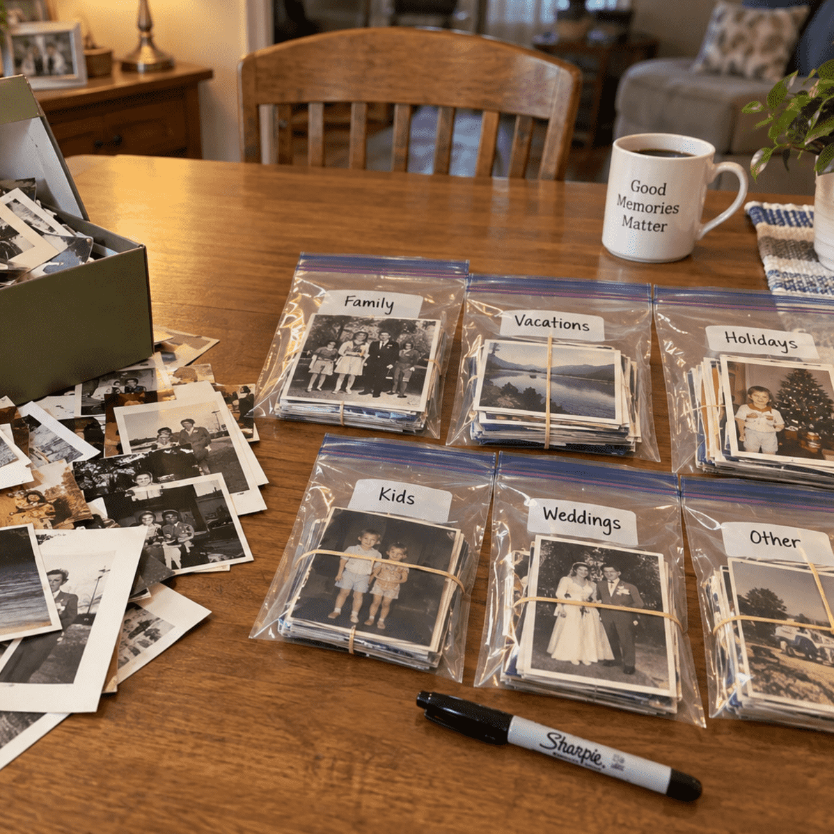 Unsorted family photos beside labeled freezer bags organized by family, vacations, holidays and events