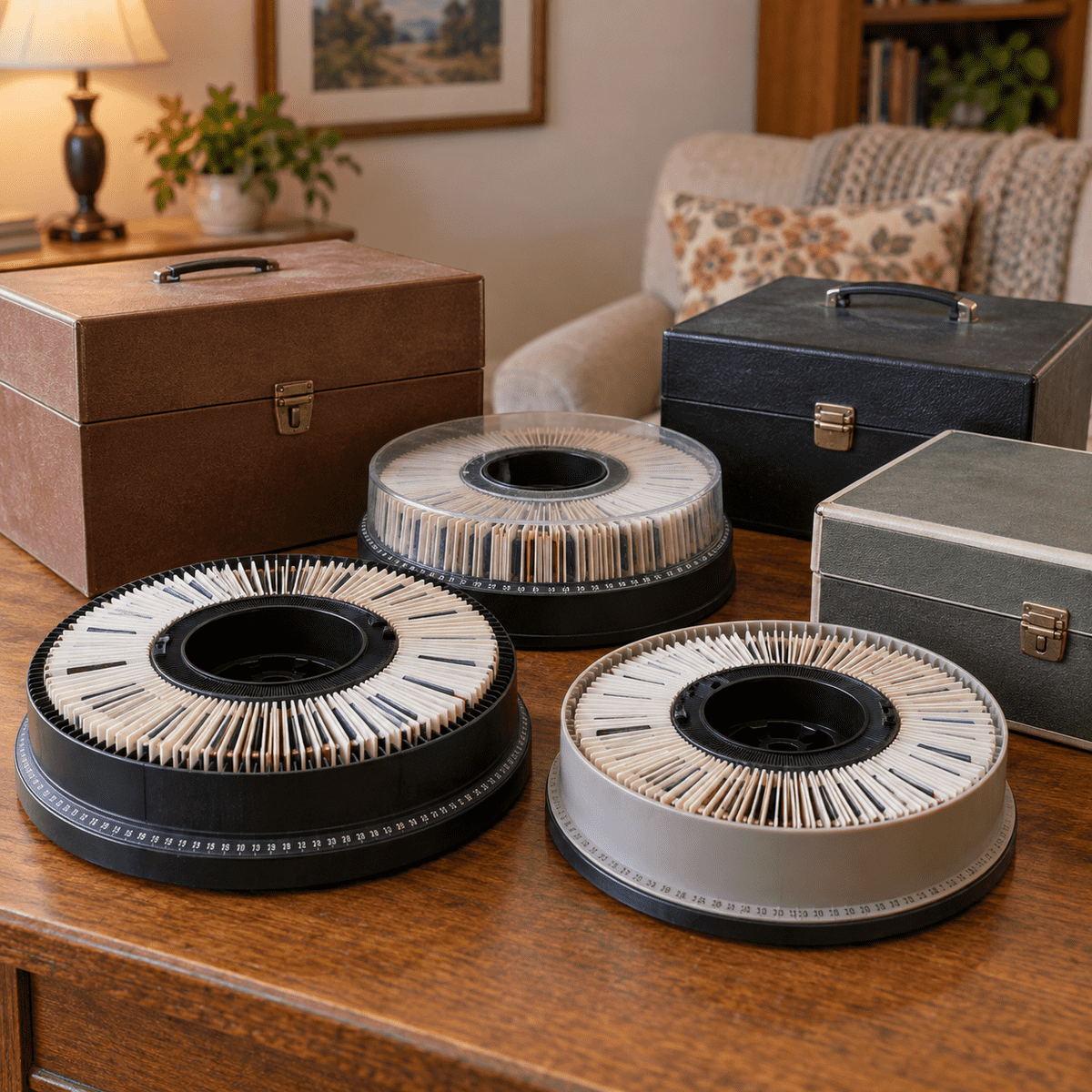 Vintage 35mm slide carousels and carousel storage boxes on a table showing a common way families organize slides for digitizing