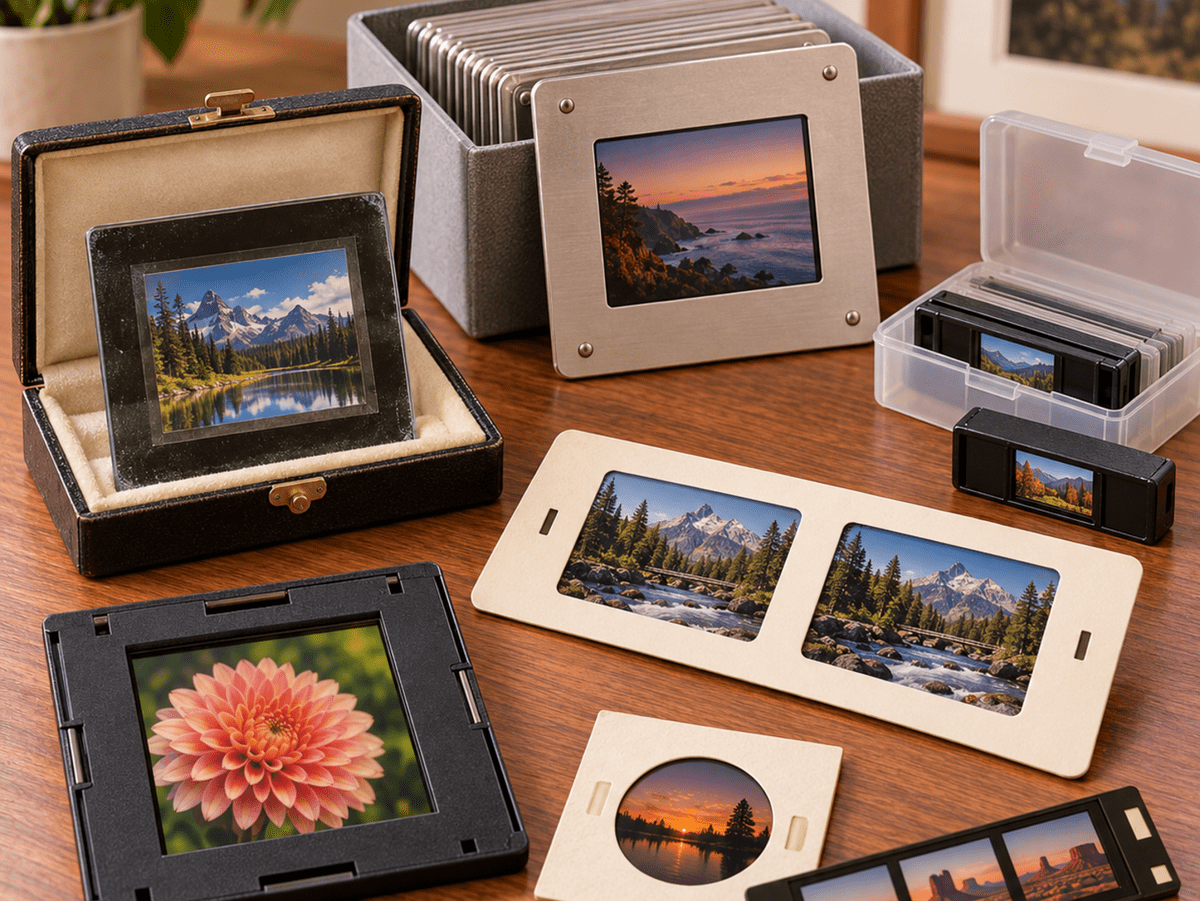 Examples of special slide formats including glass slides, metal-mounted slides, stereo slides and small-format photographic slides
