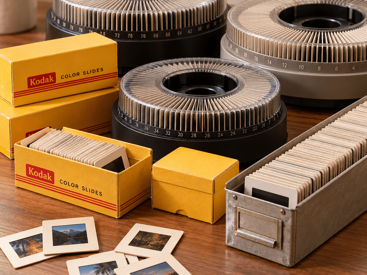 Standard 2x2 photographic slides stored in carousels, Kodak slide boxes and metal slide trays