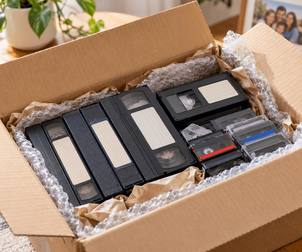 Videotapes packed securely in a sturdy shipping box for professional digital transfer