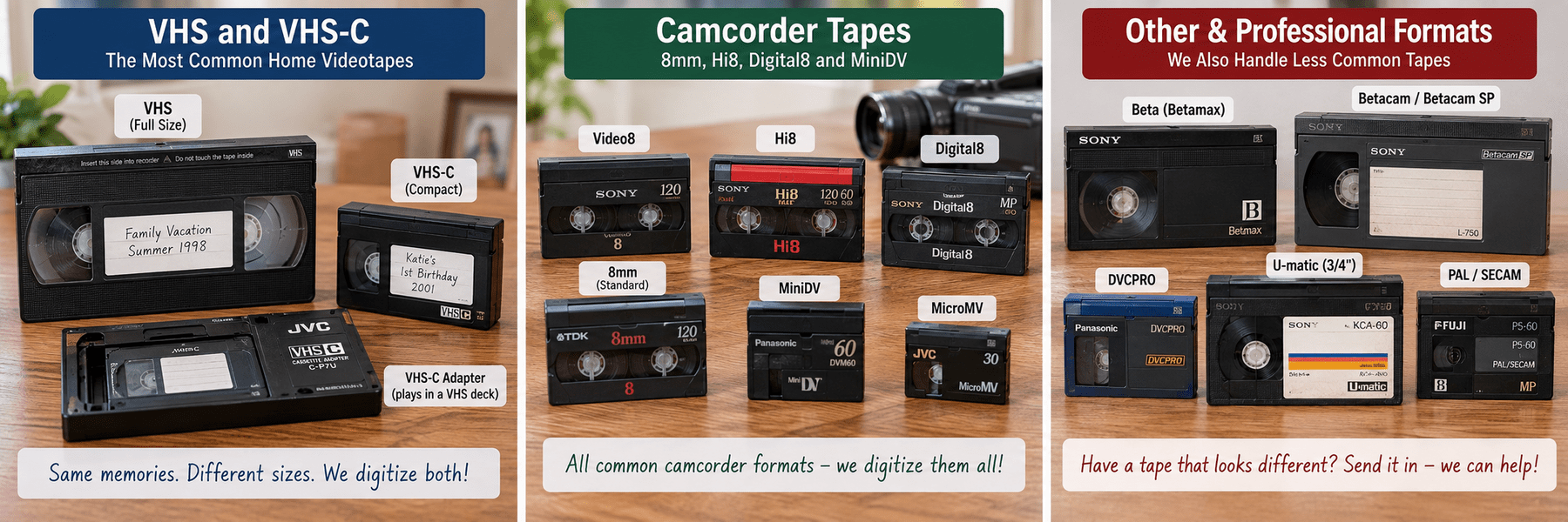 VHS, VHS-C, camcorder tapes and professional videotape formats including 8mm, Hi8, Digital8, MiniDV, Betamax, Betacam, DVCPro, U-matic, PAL and SECAM